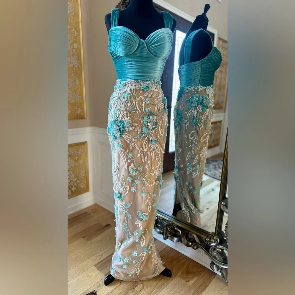 Crystal Beaded Formal Sweetheart Neckline Custom Gown Beige Turquoise Size 4 - Picture 5 of 16